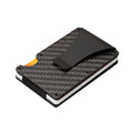 Black carbon fiber and aluminum RFID anti-magnetic card holder wallet on flat surface