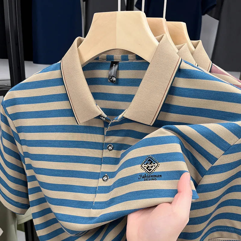 Men's red striped casual short sleeve shirt with a mosaic pattern on a mannequin.