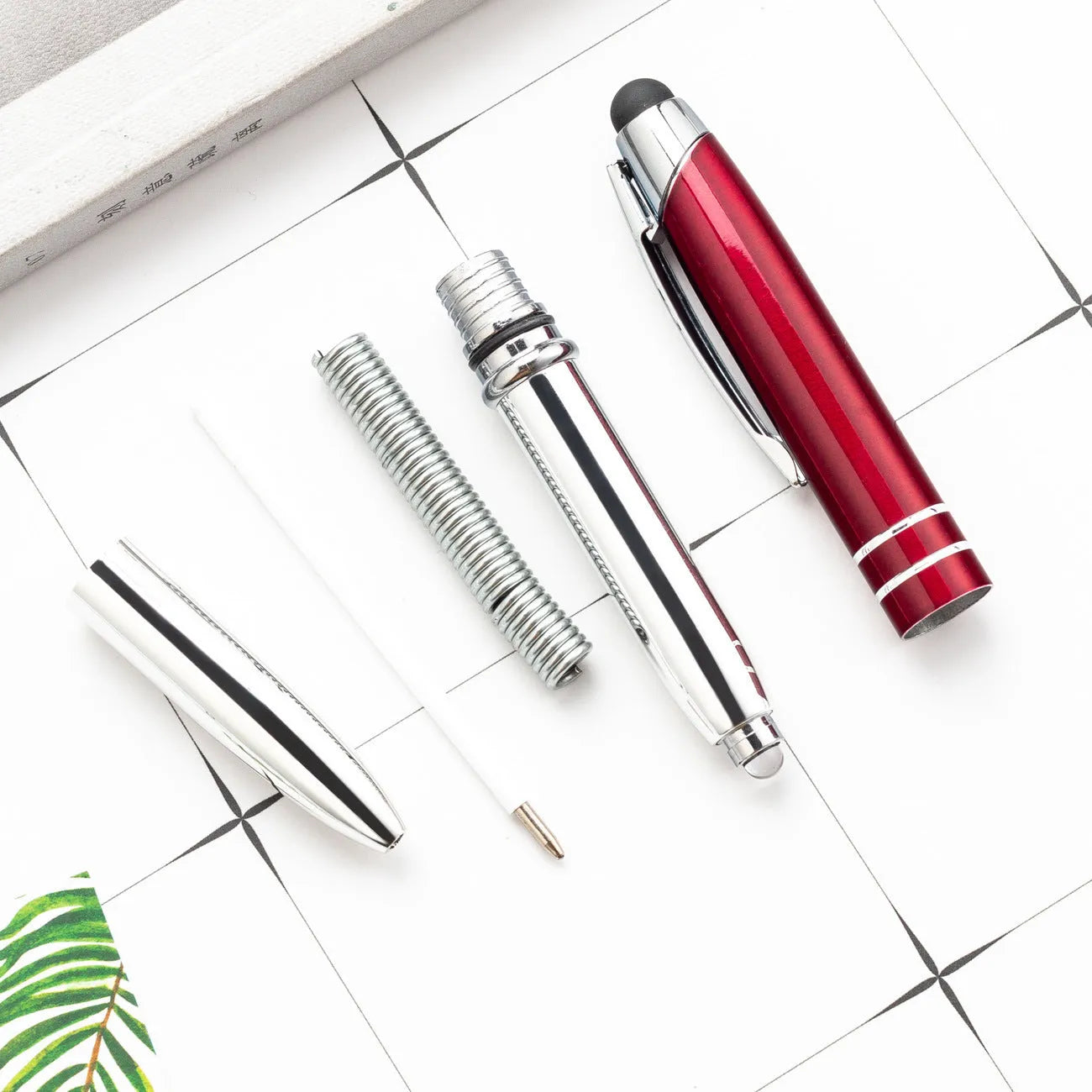 Metal capacitive stylus LED ballpoint pen in five colour options showing bullet pen head