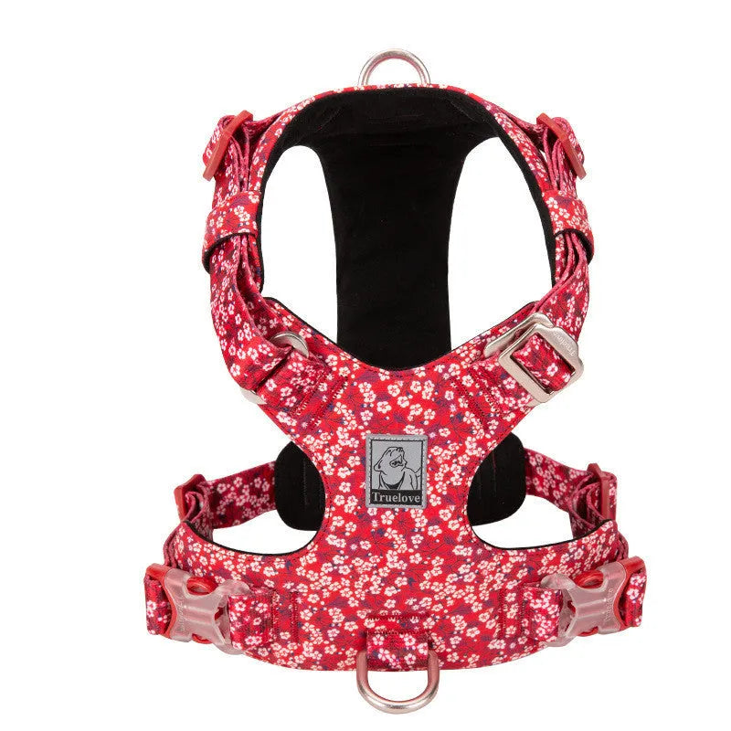 Floral pure cotton pet chest harness in flower red colour showing chest strap design