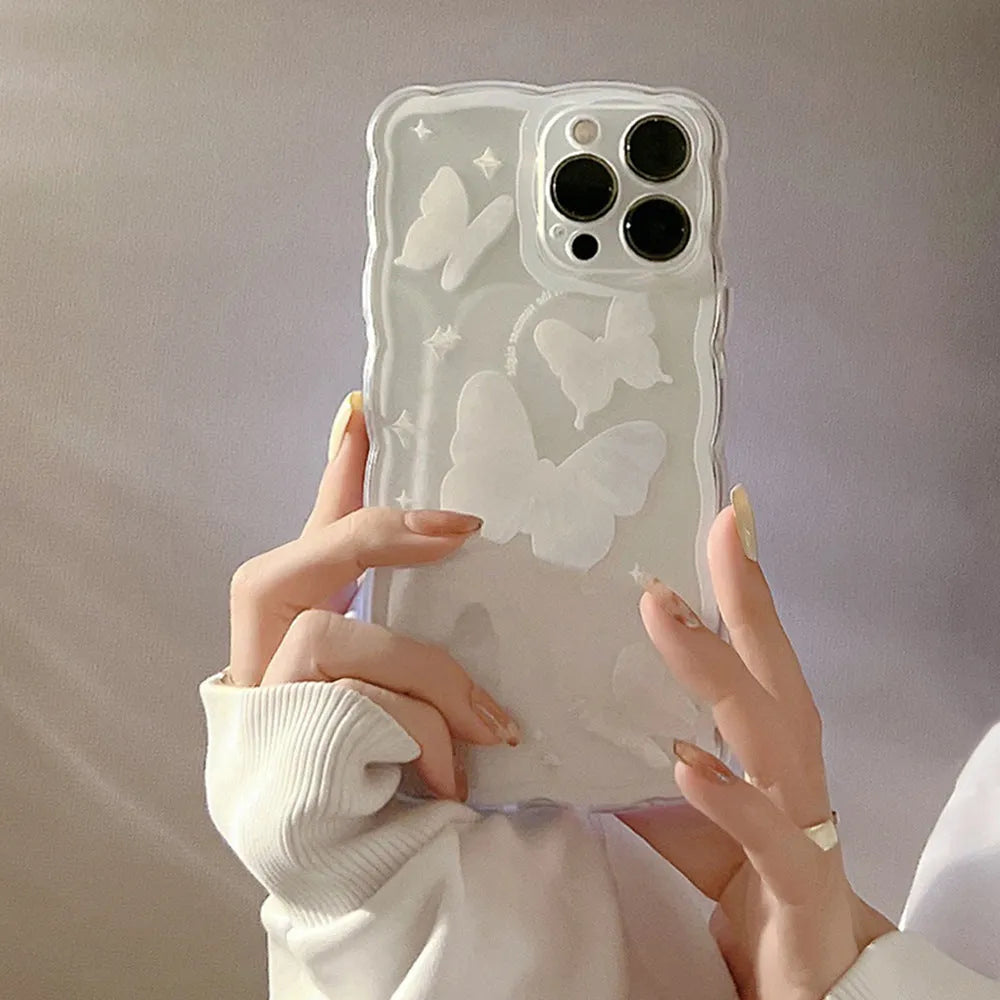 Transparent white crystal butterfly phone case in TPU for iPhone 12 to 15 models