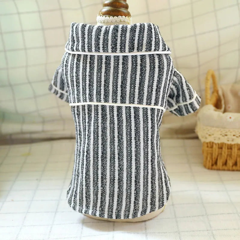 Striped cotton and linen two-legged pet pajamas for dogs and cats in pink, blue, or black and white, sizes XS to XL