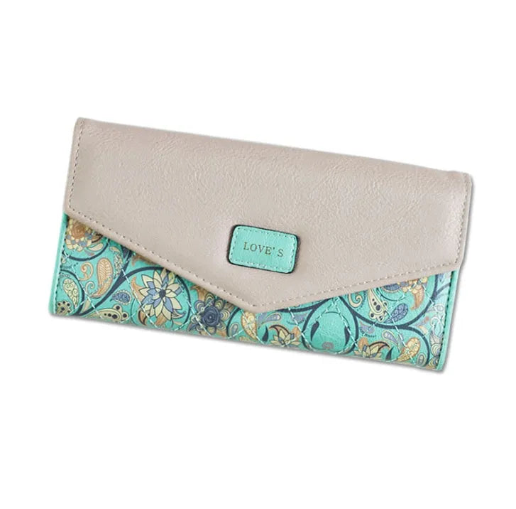 A black three-fold PU leather wallet with a buckle closure and an internal clip, shown open.