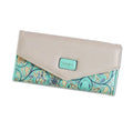 A black three-fold PU leather wallet with a buckle closure and an internal clip, shown open.