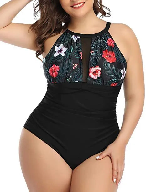 Women's solid colour, floral, and striped one-piece swimsuit in sizes L to 4XL