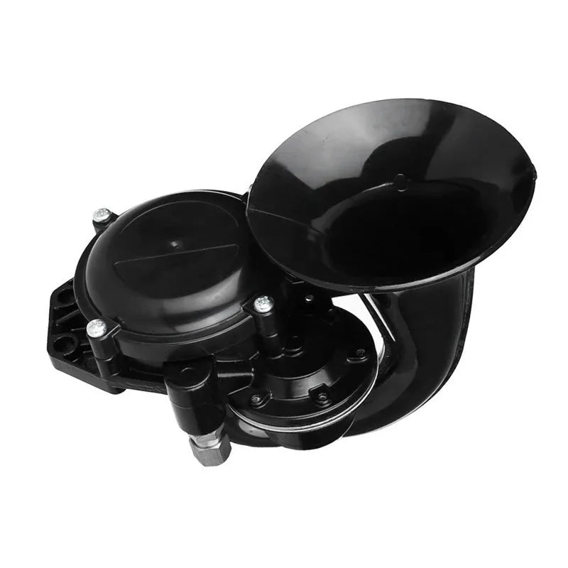 Black metal snail whistle truck horn with gas pipe joint for 12V-24V air source vehicles