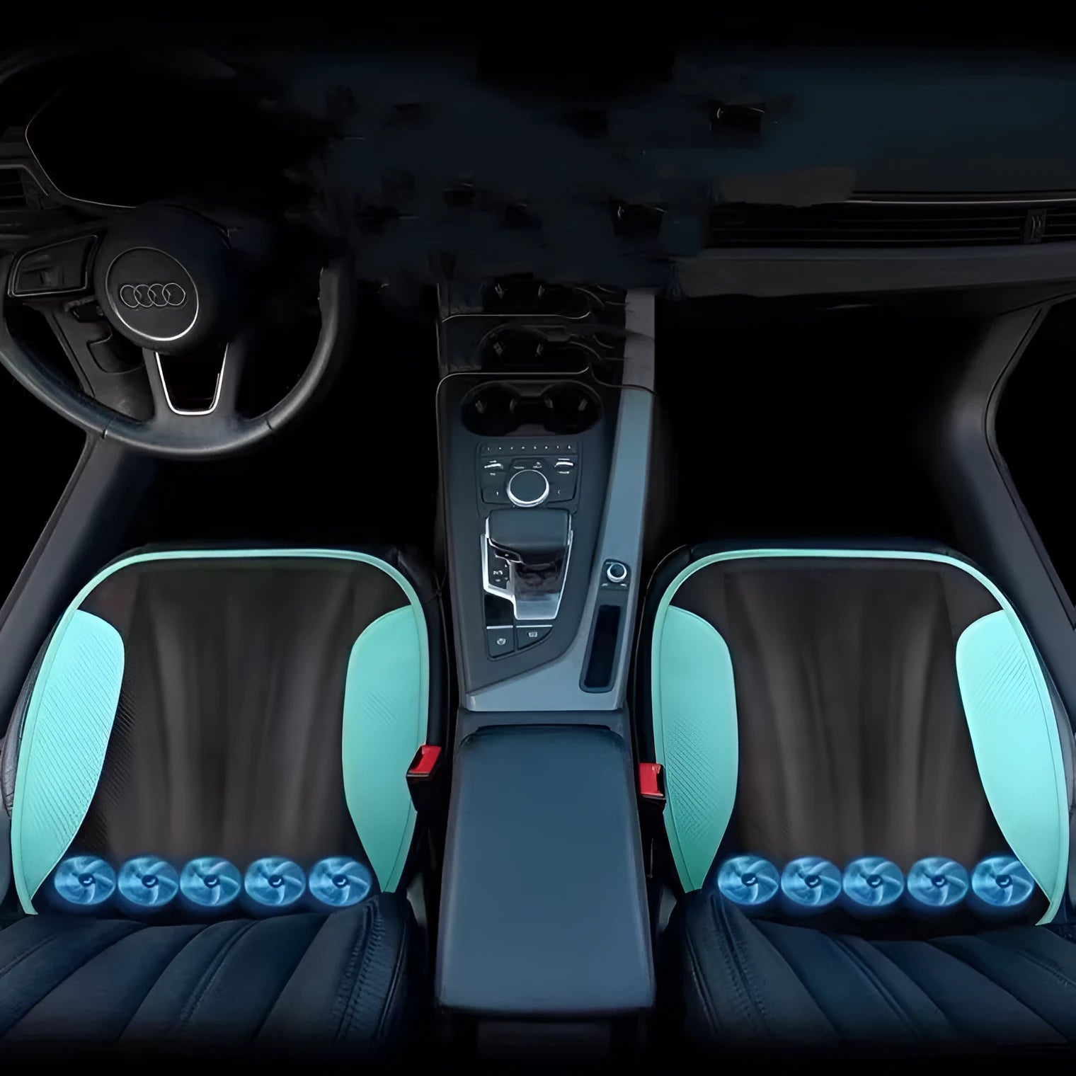 Black USB car ventilated seat cushion with cooling fans on a car seat