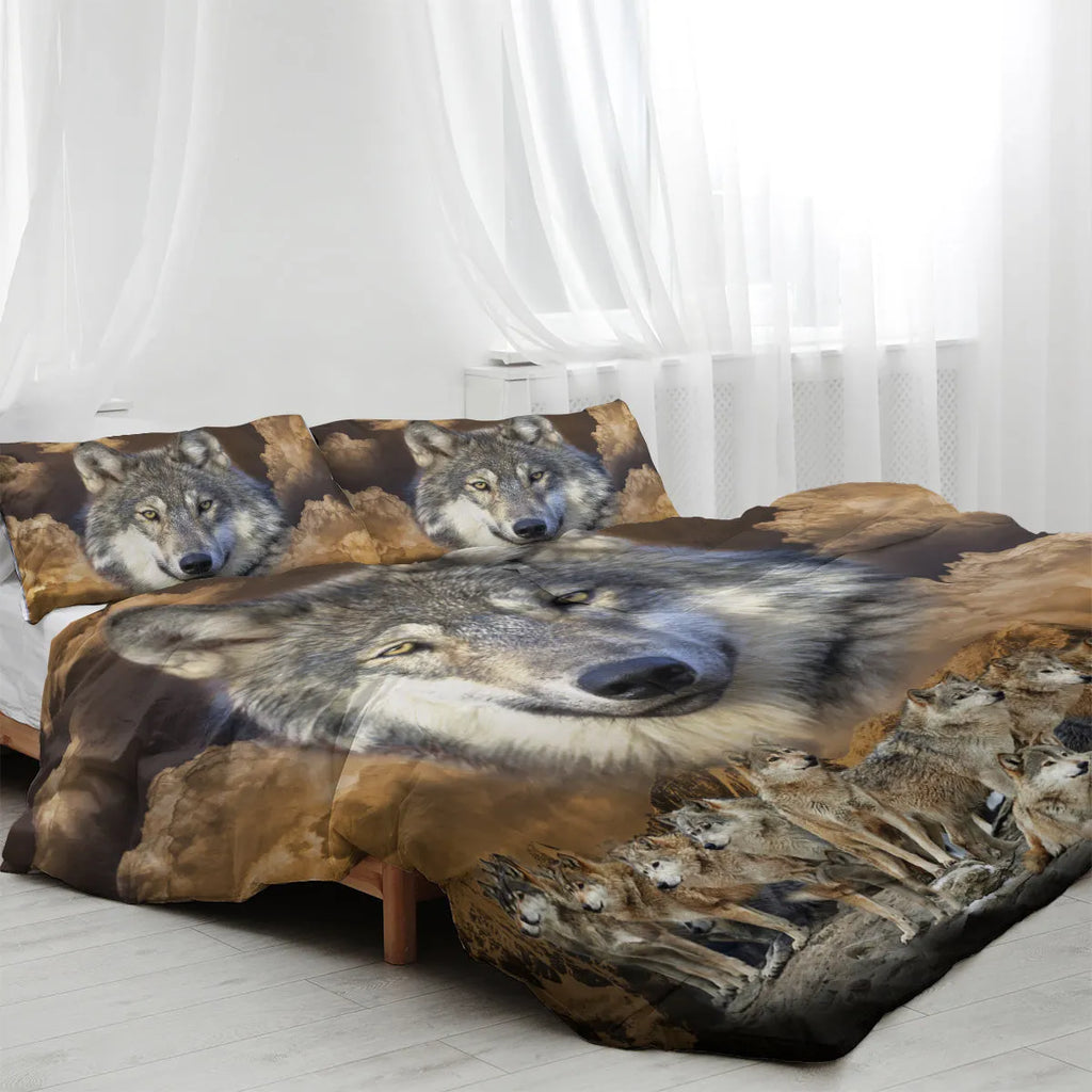 Brown 3-piece wolf print duvet set with microfiber comforter and two pillow shams on bed