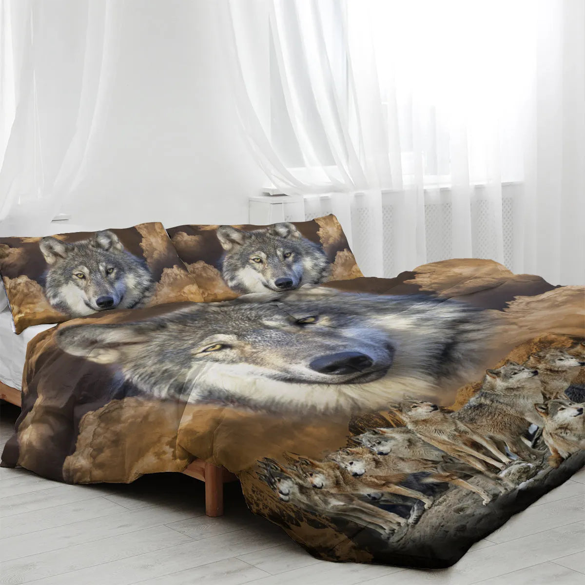 Brown 3-piece wolf print duvet set with microfiber comforter and two pillow shams on bed