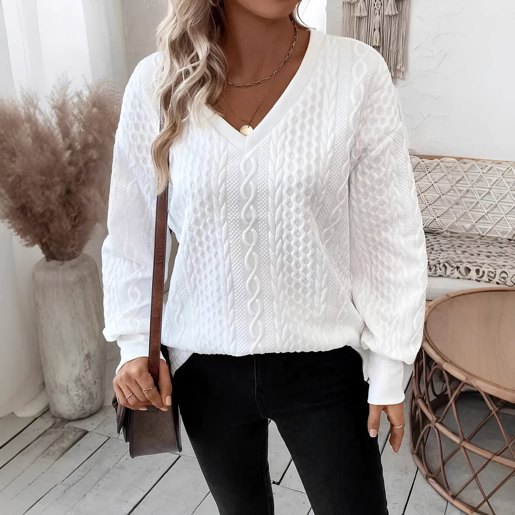 Milky white loose fit casual t-shirt with 3D patterns and long sleeves