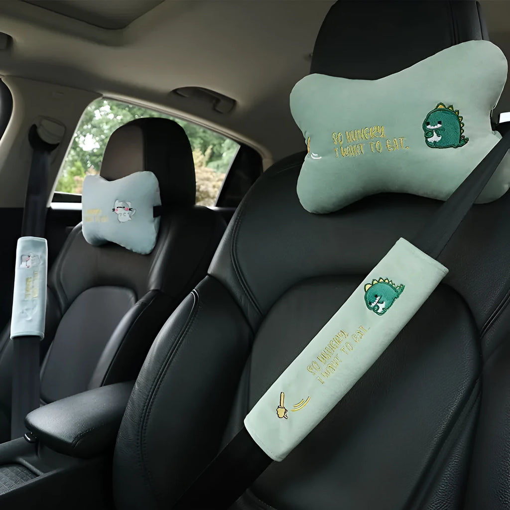 Car plush embroidery headrest shoulder pad with cute lion design in black on a car seat