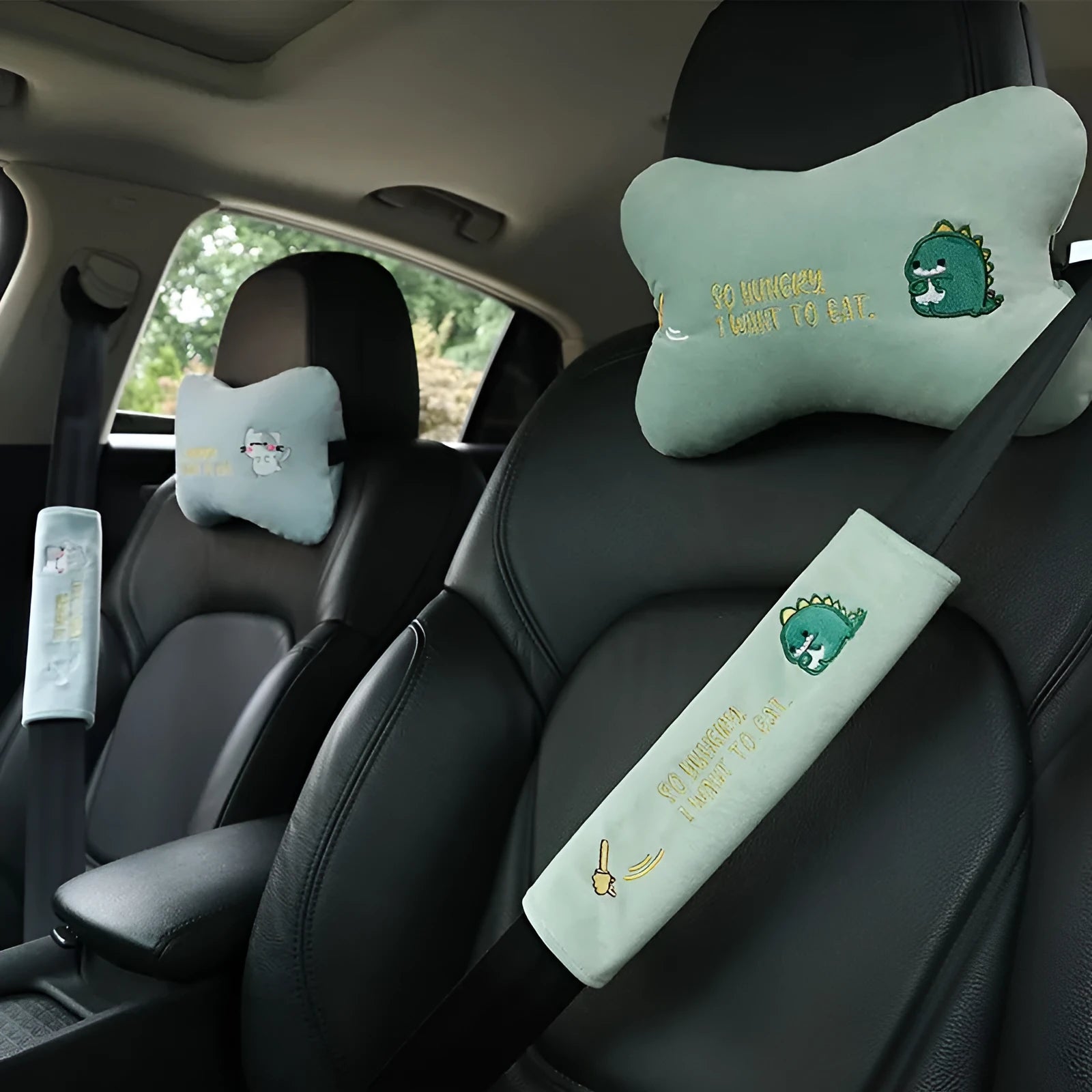 Car plush embroidery headrest shoulder pad with cute lion design in black on a car seat