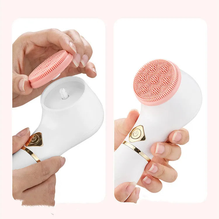 White electric facial cleanser with vibration for pore cleaning, battery operated, compact size, USB option