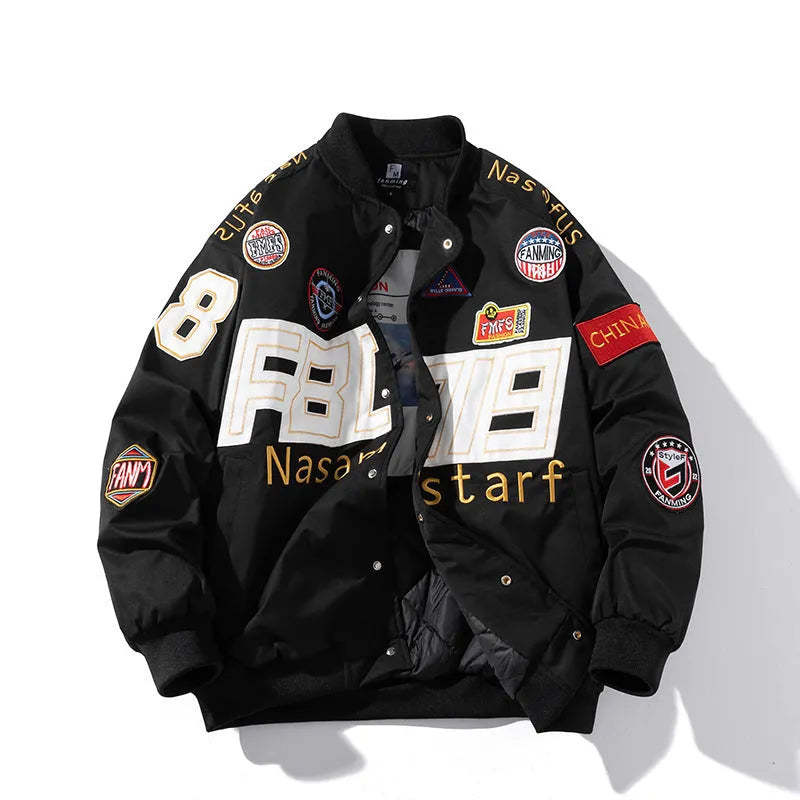 Black American motorcycle baseball uniform jacket with side pocket, shown in loose fit