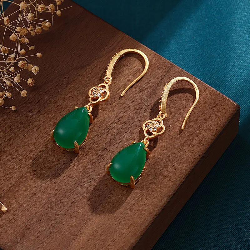 Gold-plated alloy drop earrings with Water Drop Jasper jade, unisex Chinese style for Hanfu and cheongsam