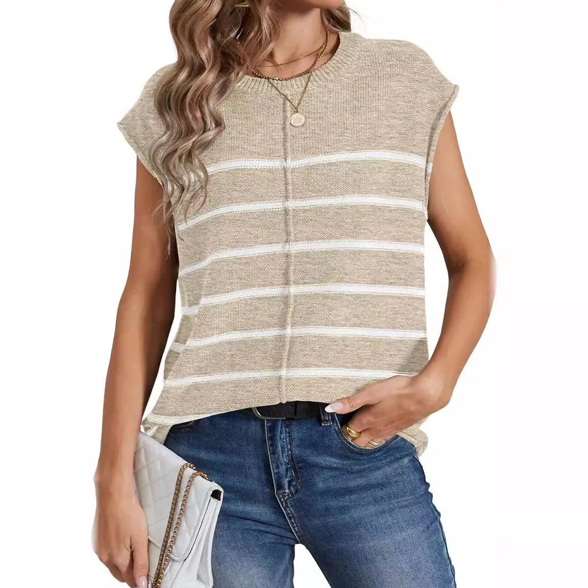 Women's striped sleeveless vest pullover in acrylic with bone stitching details