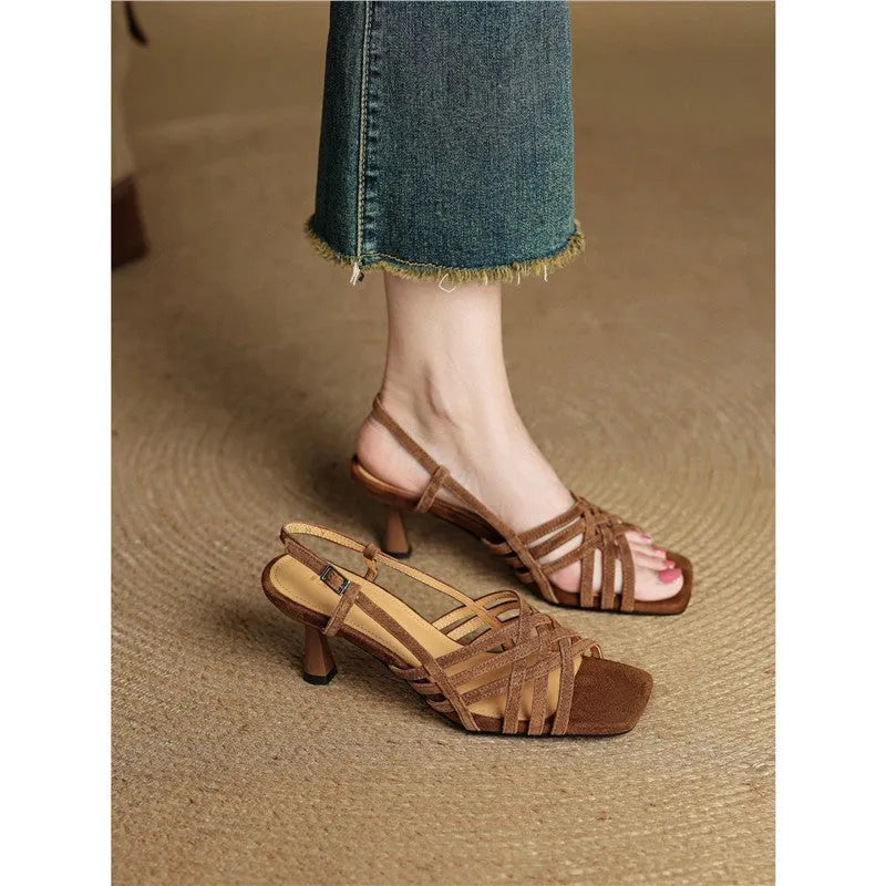 Retro soft leather women's ankle strap high heel sandals with square toe, shown in light brown.