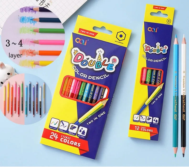 Wooden colour pencil set with double head brush tips in 12 or 24 colour options