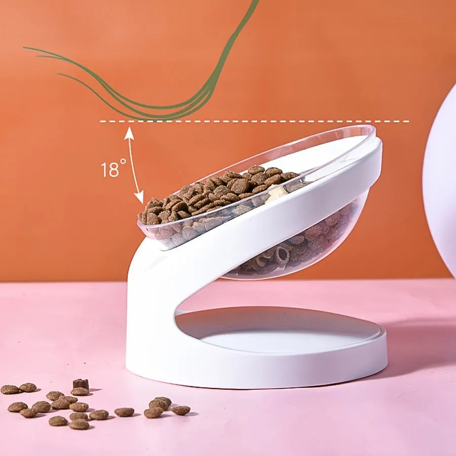White elevated cat food bowl with ergonomic tilt design for comfortable feeding