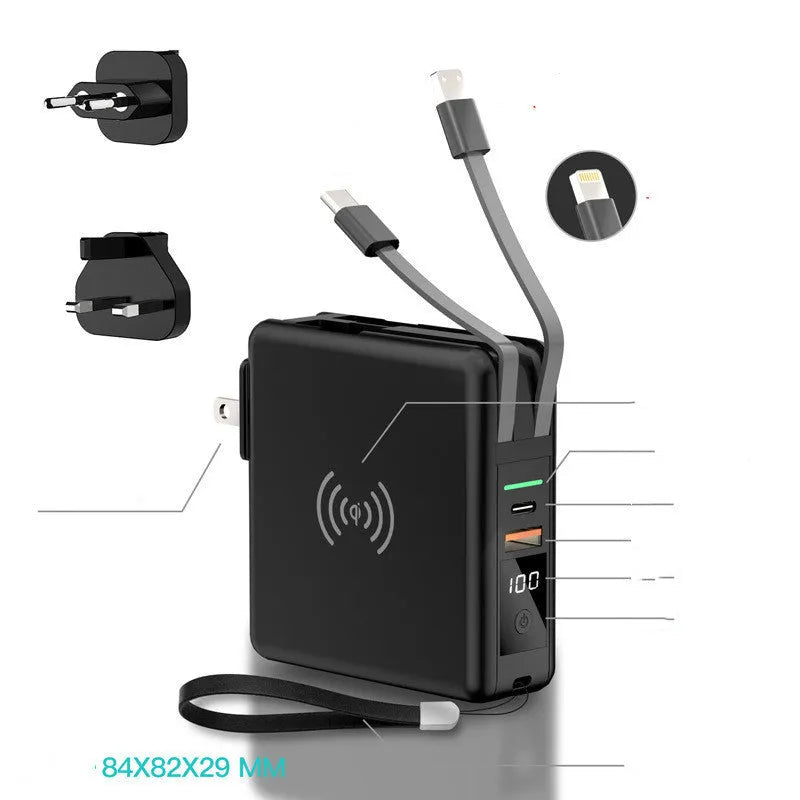 Super QI wireless charging power bank with wall plug in black or white cylindrical design