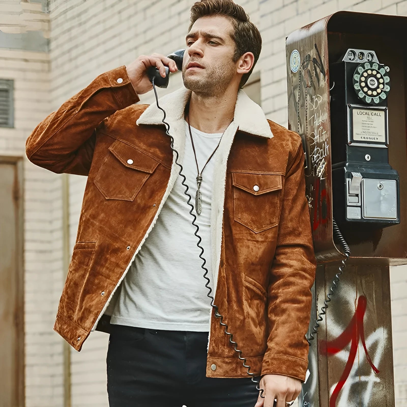 Men's brown genuine pigskin leather cotton padded jacket with lapel collar, straight cut, regular length