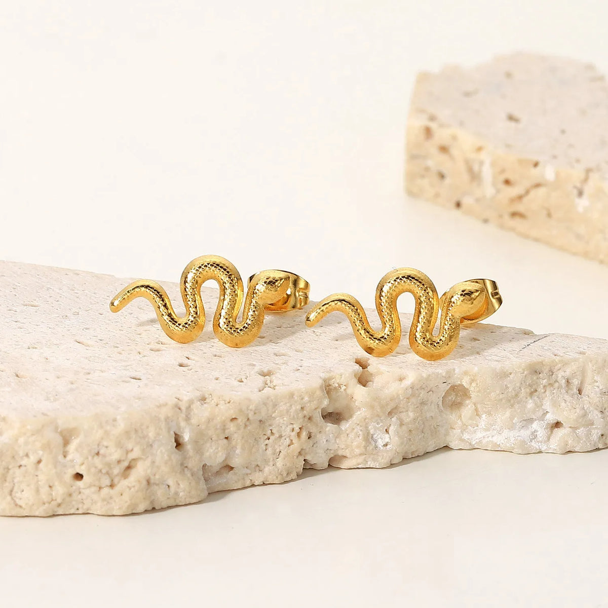 Gold snake stud earrings for women, 18K gold plated stainless steel, INS style, 1 pair