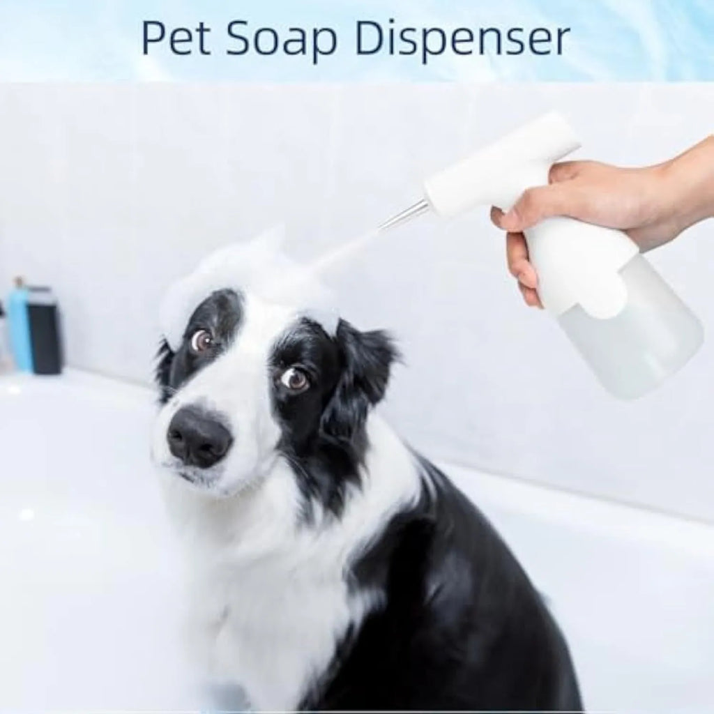 White electric foam soap dispenser with two nozzles and a USB charging cable for pet and home cleaning.