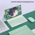 Samsung Galaxy Tab in a TPU case with a Bluetooth keyboard and charging mouse in Dark Green.