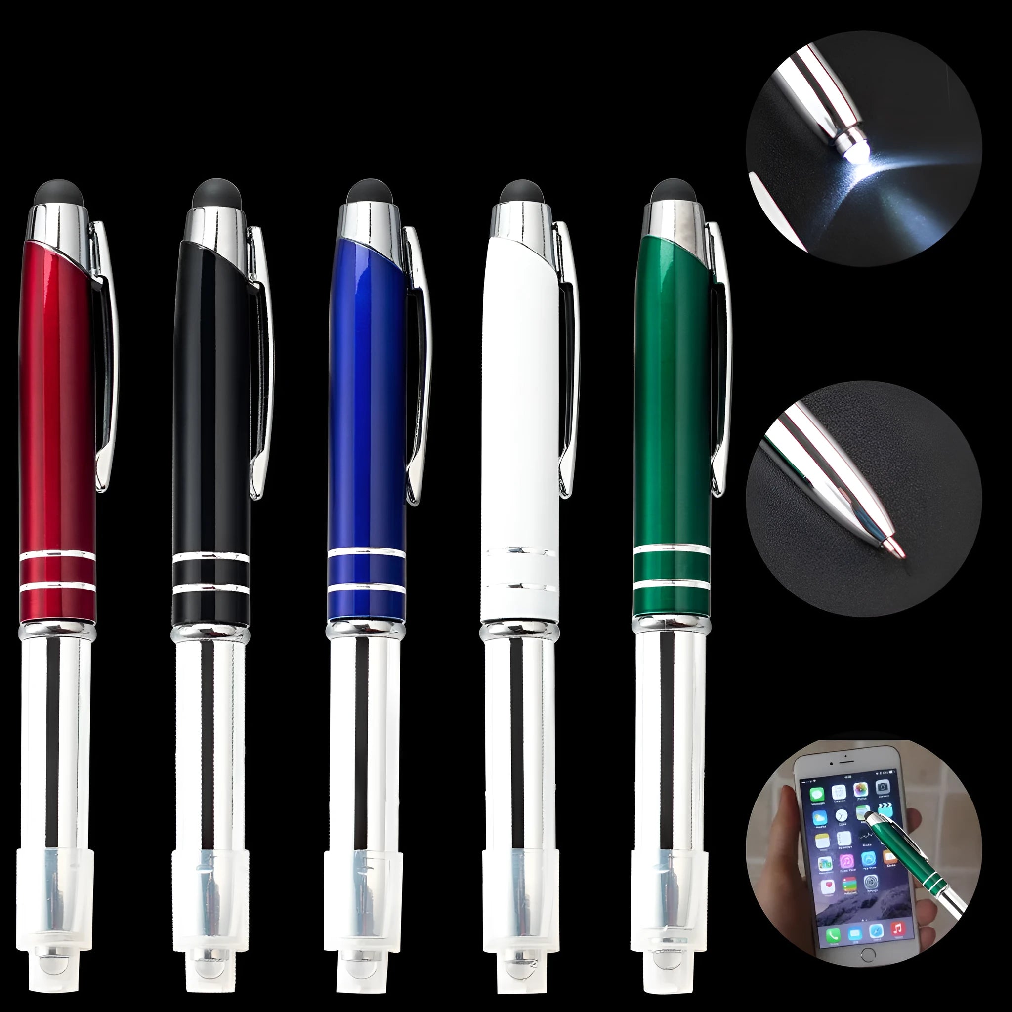 Metal capacitive stylus LED ballpoint pen in five colour options showing bullet pen head