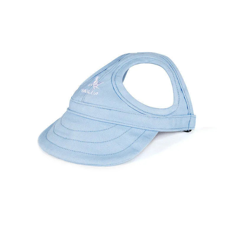 Canvas pet baseball cap for dogs and cats with adjustable buckle and Velcro, shown in Black, Blue, Pink, and Red
