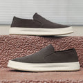 Grey and apricot men's casual round toe shoes with a mid heel and sleeve-on design