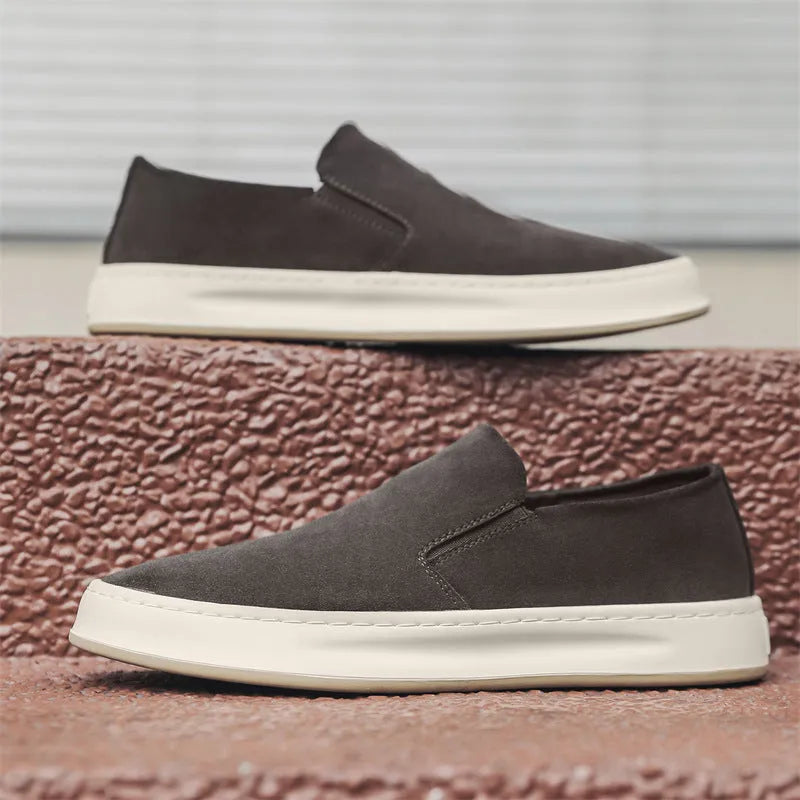 Grey and apricot men's casual round toe shoes with a mid heel and sleeve-on design