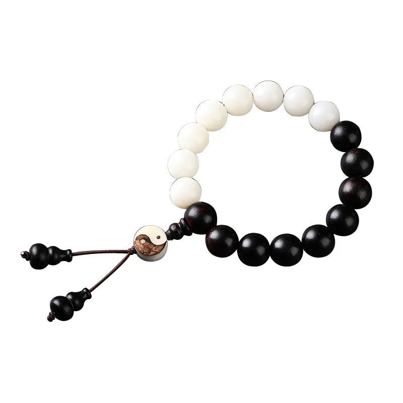 White Corypha Umbraculifera Blackwood and Bodhi seed bracelet with eight-diagram yuan beads.