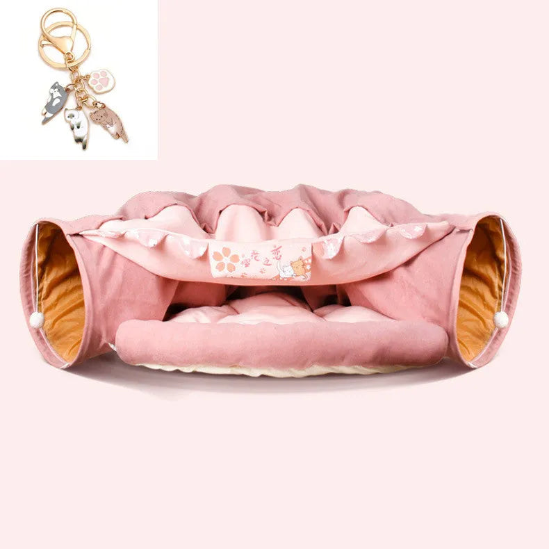 Collapsible washable fabric cat tunnel showing bar, coffee, matcha, and pink colour options