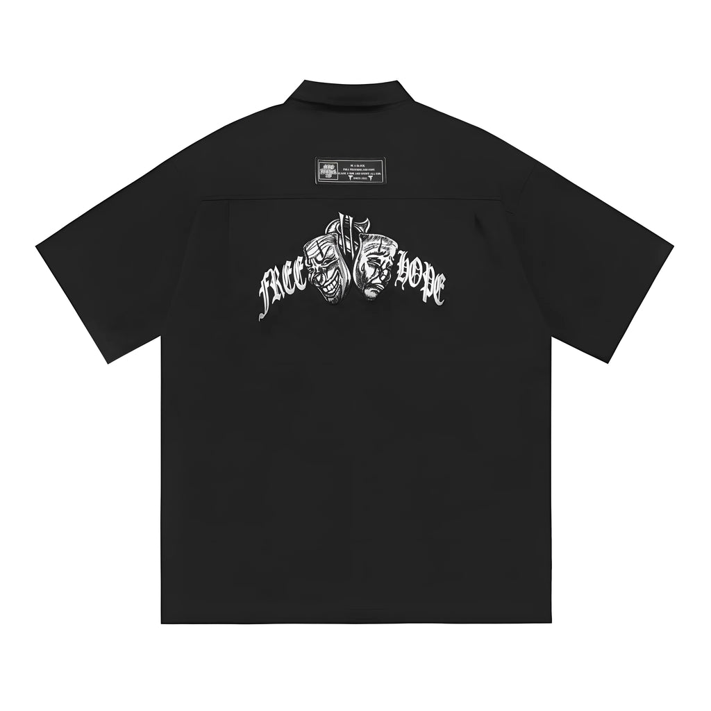 Men's black cotton blend embroidered work shirt with half sleeves and loose fit design