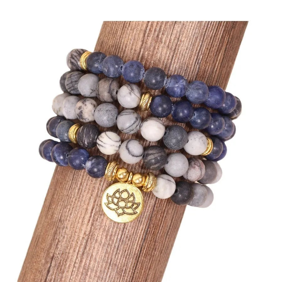 Blue patterned network stone bead multi-layer bracelet on alloy chains with fresh sweet style