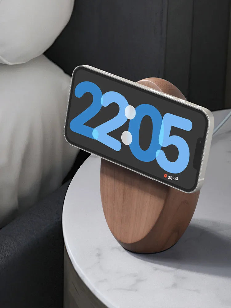 Creative Magsafe magnetic phone holder wireless charger in walnut resin colour on desk, 15.5cm length