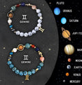 Twelve natural stone beaded bracelets with zodiac sign designs arranged in circle