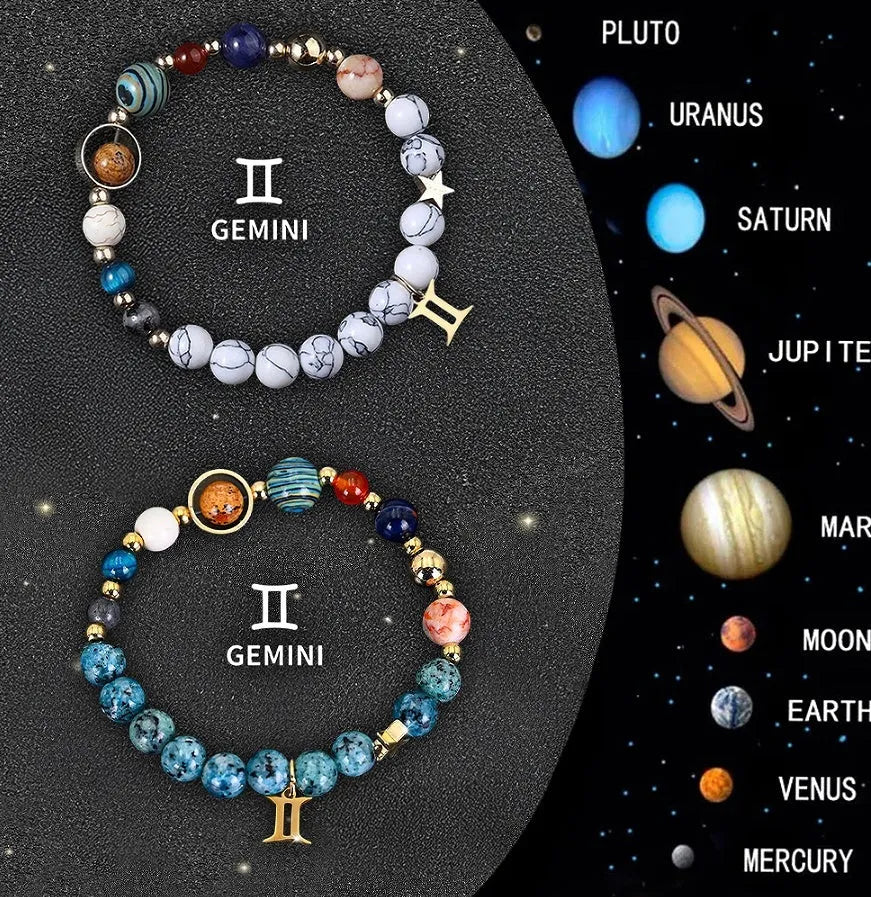 Twelve natural stone beaded bracelets with zodiac sign designs arranged in circle