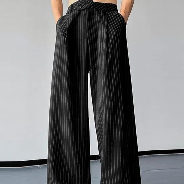 Black men's trousers with vertical stripes and pleated design featuring elastic waistband