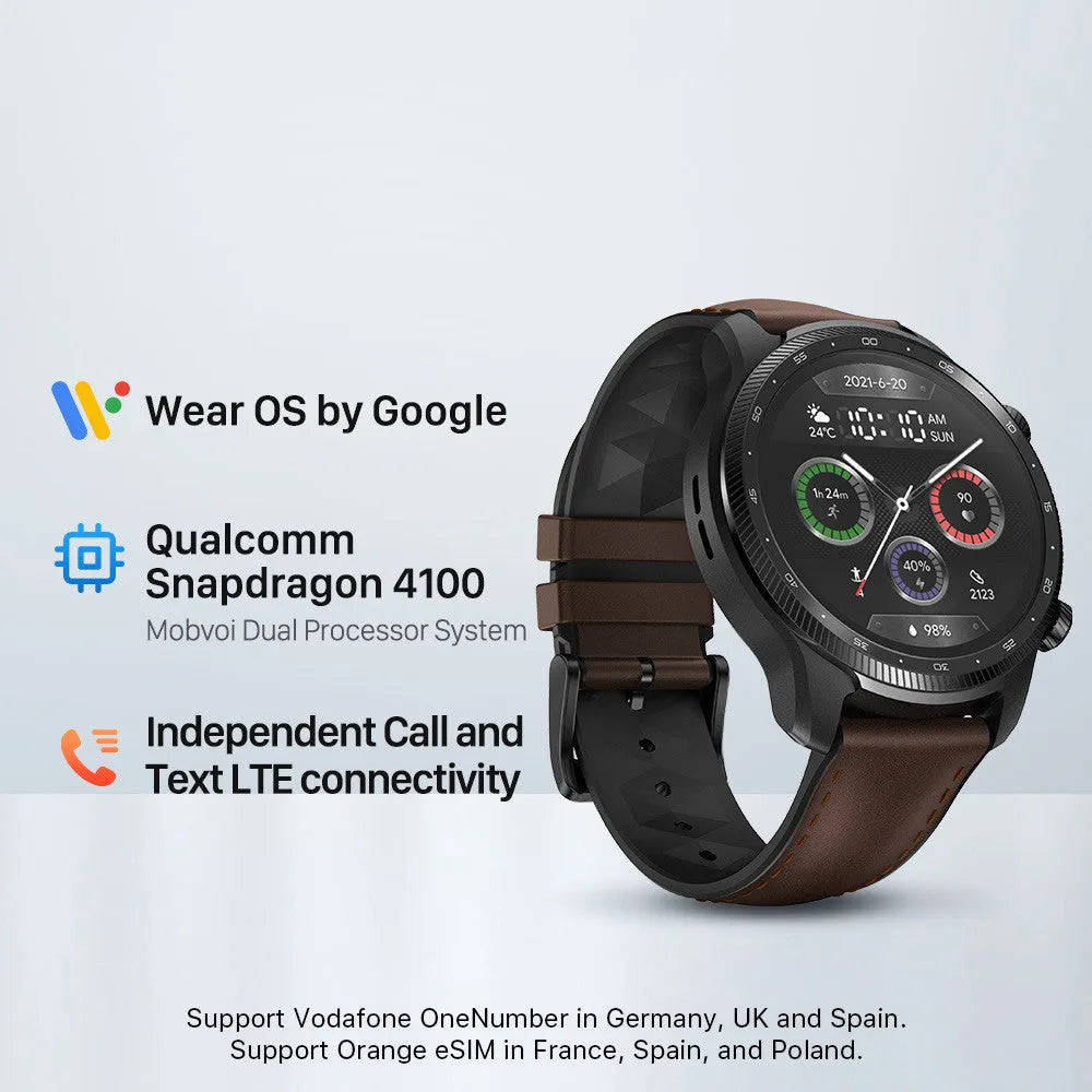 Ticwatch Pro X black smartwatch on wrist showing dual-layer display with time and heart rate.