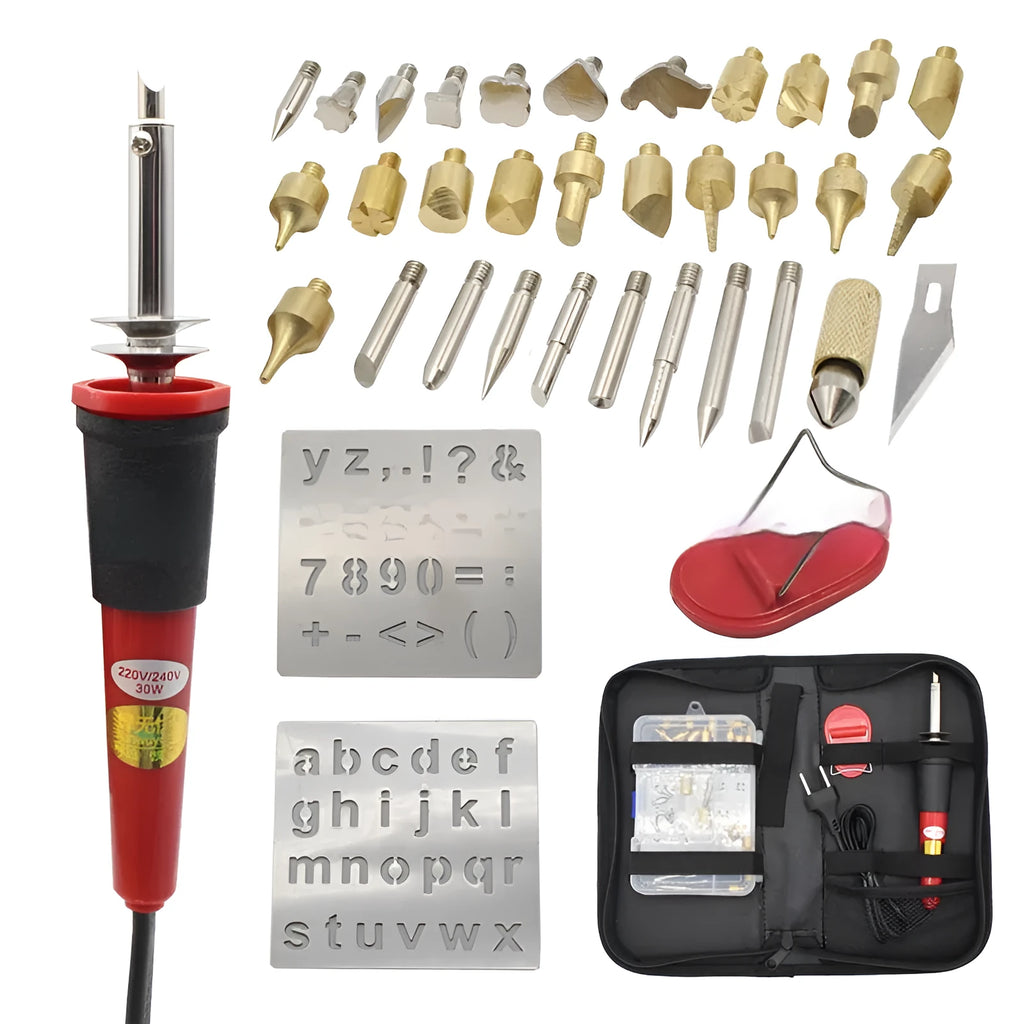 37 in 1 pyrography set with 30W electric soldering iron, 36 nibs, and rubber handle