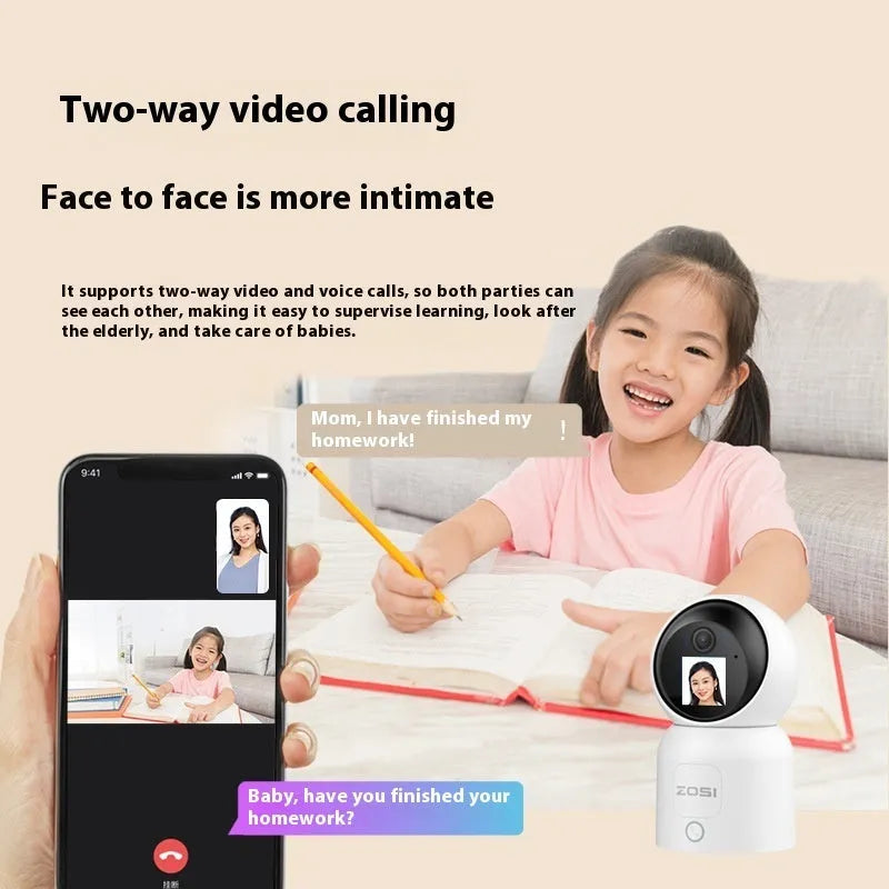 Zhou Shi indoor wireless wifi security camera with large screen, plastic shell, and screw-fixed bracket.