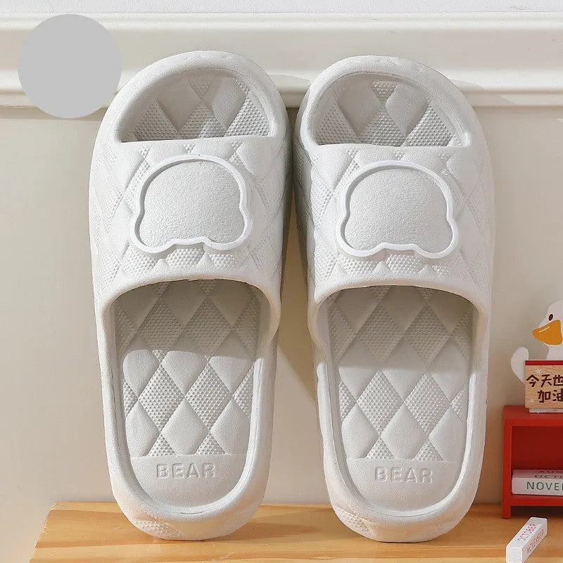 Rhombus design bear slippers in EVA with non-slip thick sole, shown in black, green, grey, khaki, pink, white, and yellow.