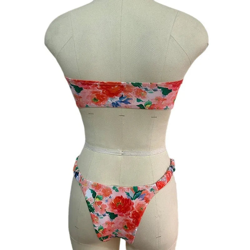 Floral print bikini set with tube top and briefs in European swimwear style