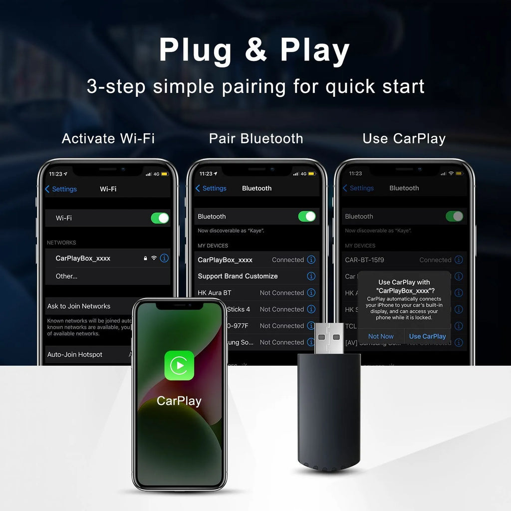 Compact ABS PC wireless CarPlay adapter module measuring 40x20x12mm for 2017+ vehicles