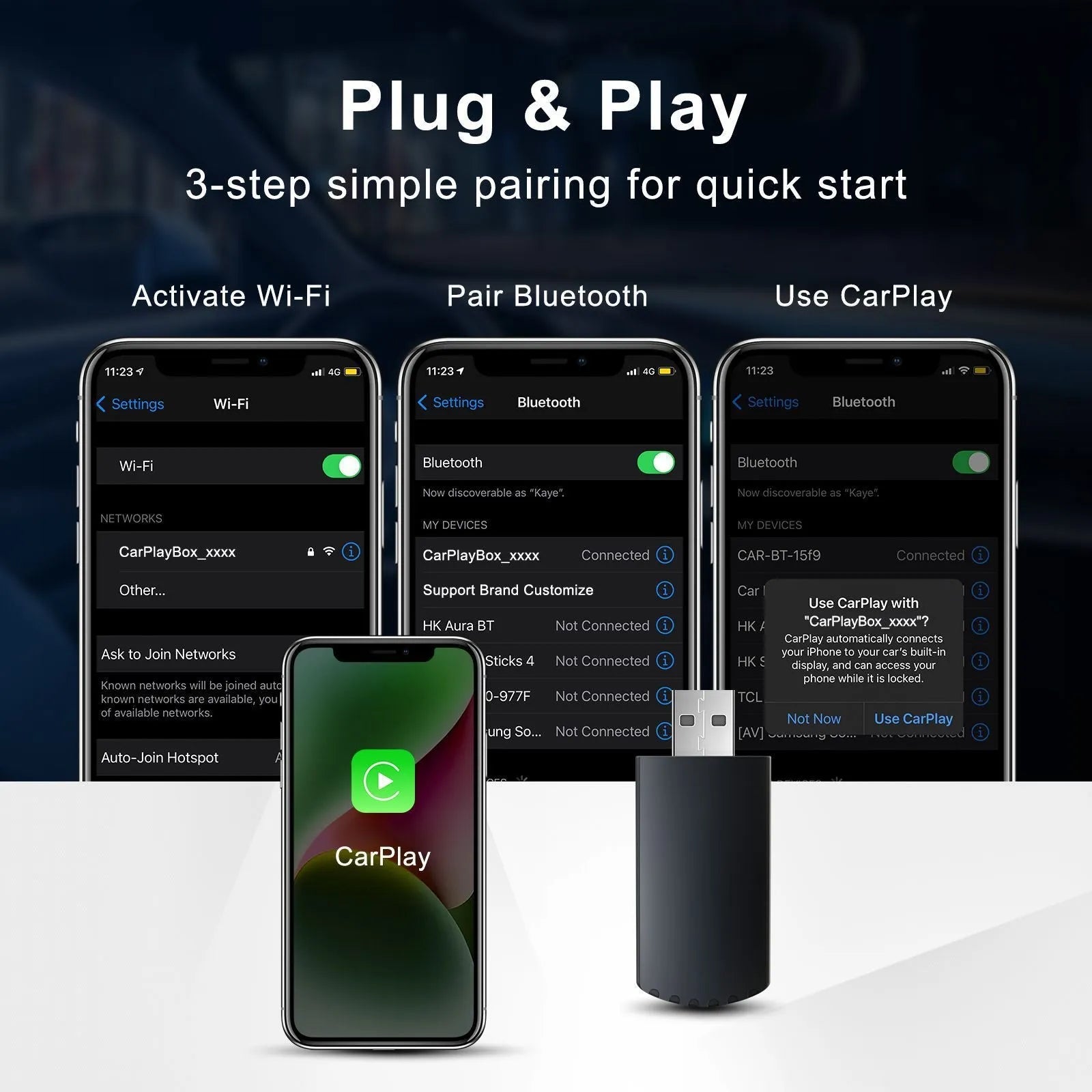 Compact ABS PC wireless CarPlay adapter module measuring 40x20x12mm for 2017+ vehicles