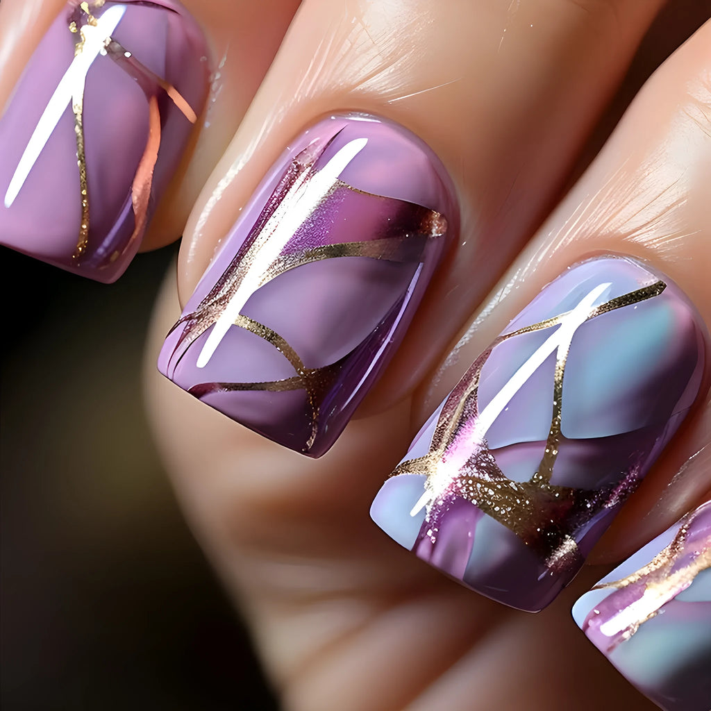 Mid-length purple striped nail stickers in European and American style design