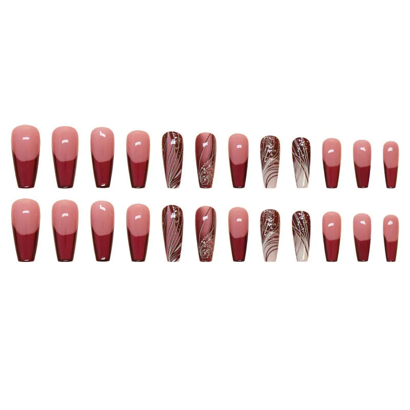 French line pattern false nails with glue tube, 24-piece press-on nail set