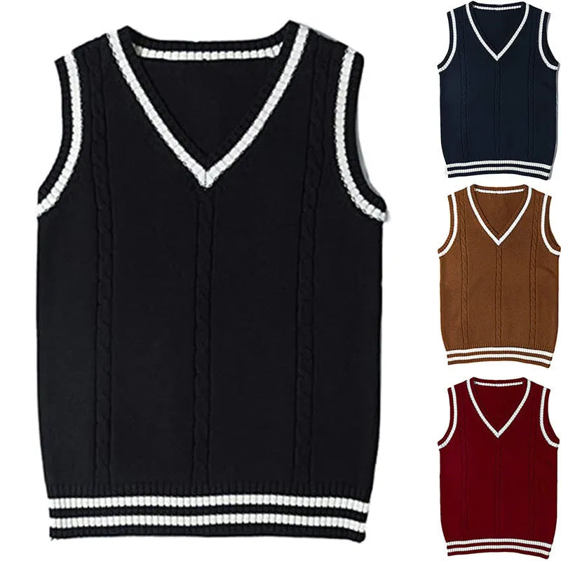 Women's slim-fit V-neck knitted waistcoat sweater with striped stitching detail in wine red colour